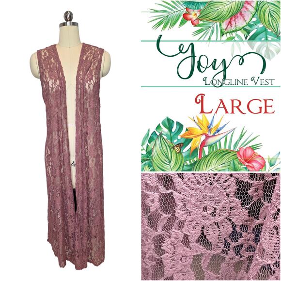 LuLaRoe Joy Vest Large Lace Pink Stretch Longline Layering Duster Boho Romantic - Picture 8 of 8